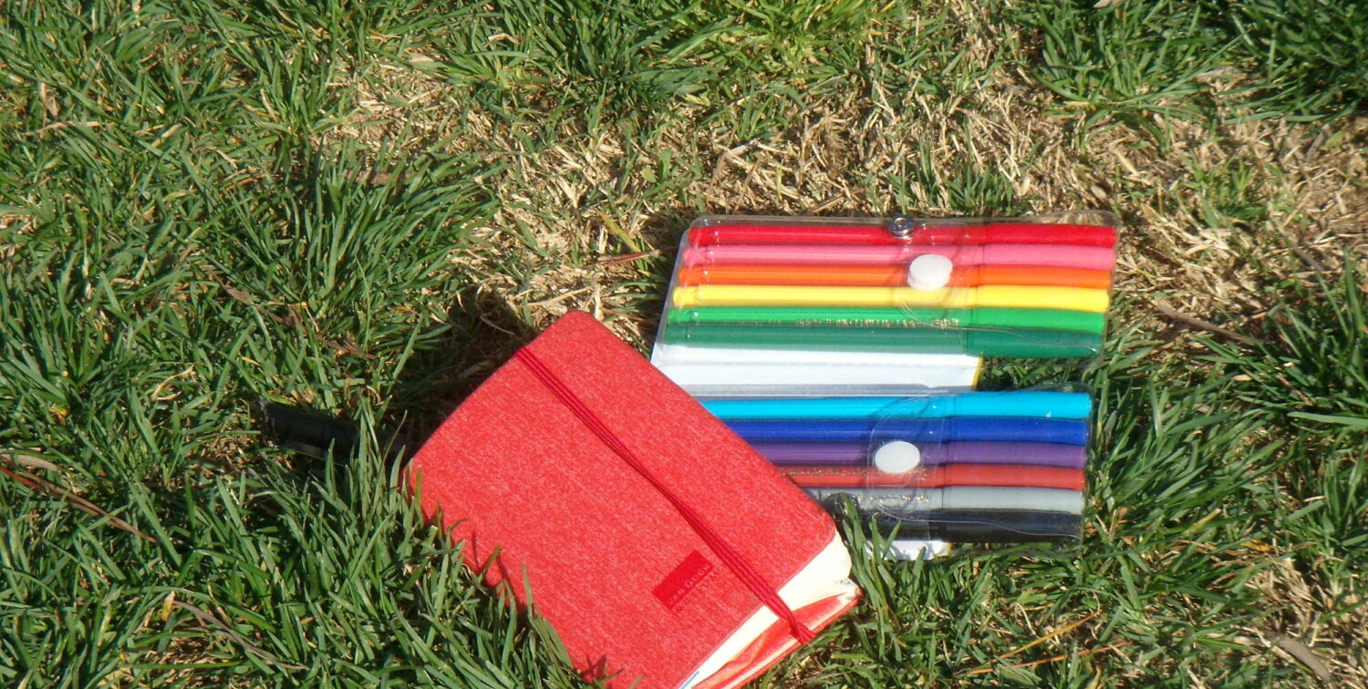 Photo of Markers and a notebook laying in the grass